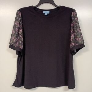 CeCe Women's Sz 2X Mixed Media Sheer Floral Bouquet Puff Sleeve Black Knit Top